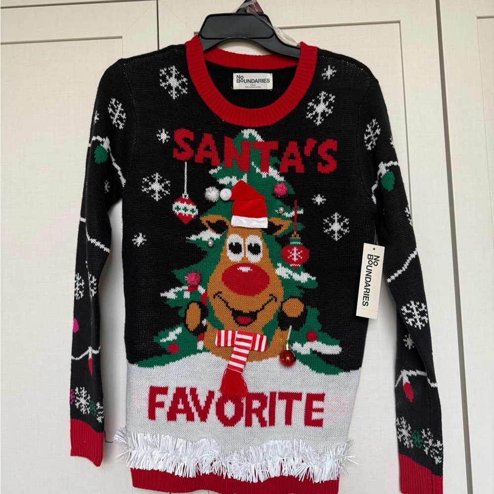 No Boundaries Black & Red Holiday Reindeer Sweater with Pom and Bell Accents